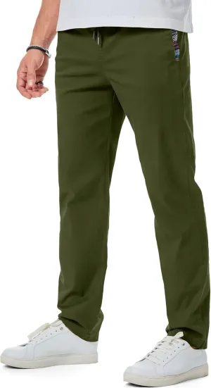 JMIERR Men's Casual Pants Cotton Twill Drawstring Elastic Waist Chino Pants with Pockets