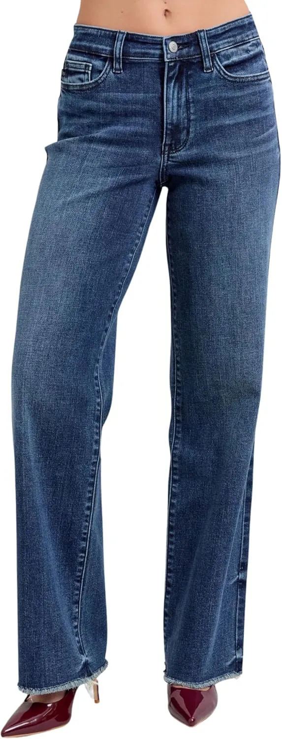 Judy Blue Mid Rise Vintage Dark Wash Wide Leg Jeans Inseam 32"