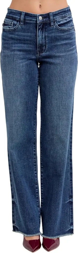 Judy Blue Mid Rise Vintage Dark Wash Wide Leg Jeans Inseam 32"