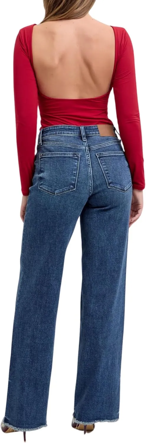 Judy Blue Mid Rise Vintage Dark Wash Wide Leg Jeans Inseam 32"