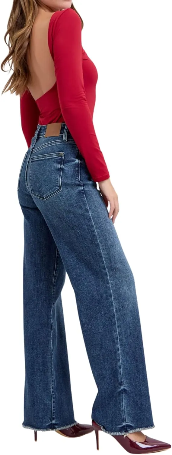 Judy Blue Mid Rise Vintage Dark Wash Wide Leg Jeans Inseam 32"