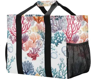 JUNZAN Aesthetic Corals Utility Tote Foldable Beach Bag With Pockets Reusable Bags For Groceries Canvas Car Tote