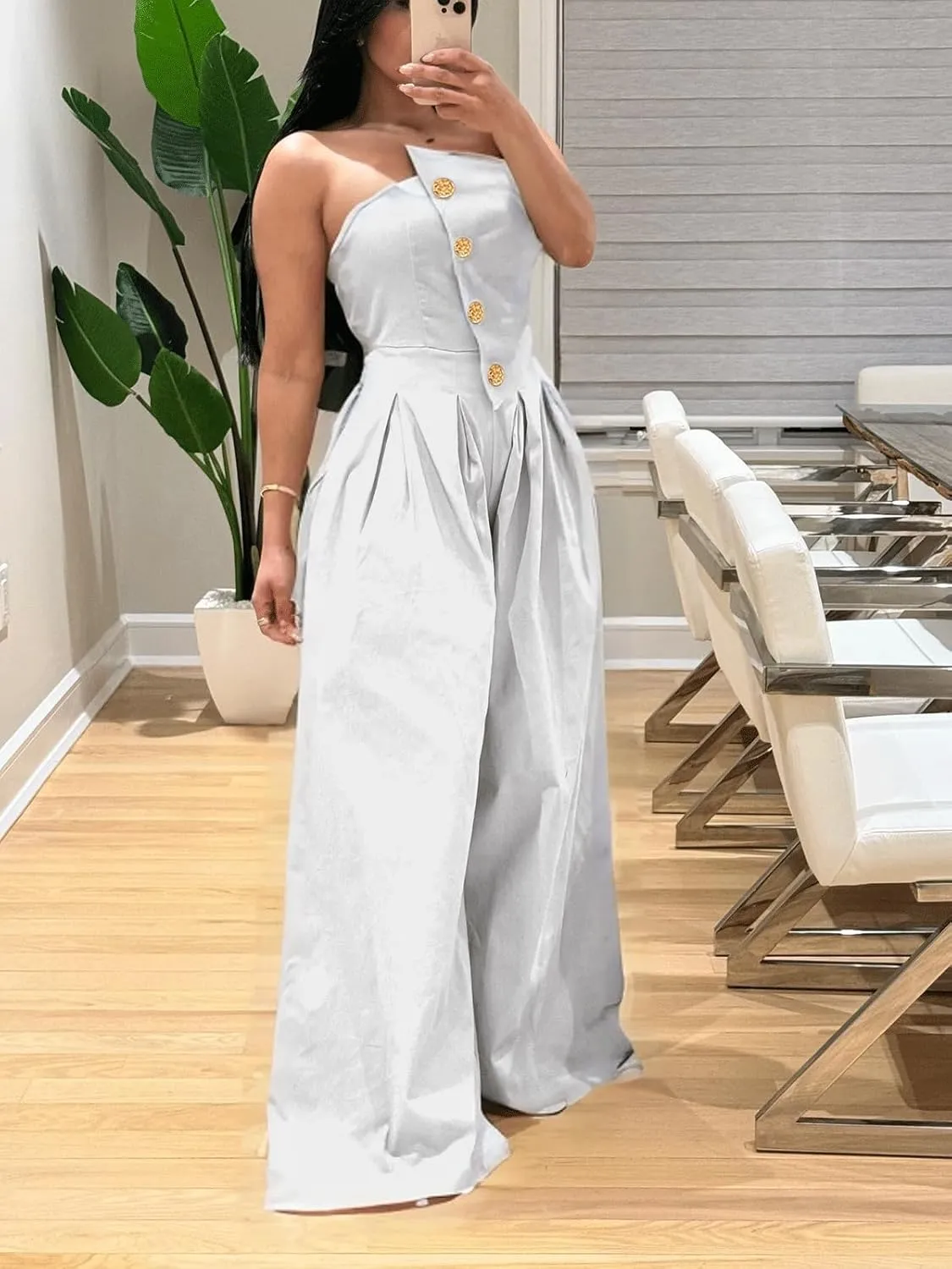 KANSOON Jumpsuits for Women Strapless Tube Top Wide Leg Sexy One Piece Outfits Buttons Long Pants Romper