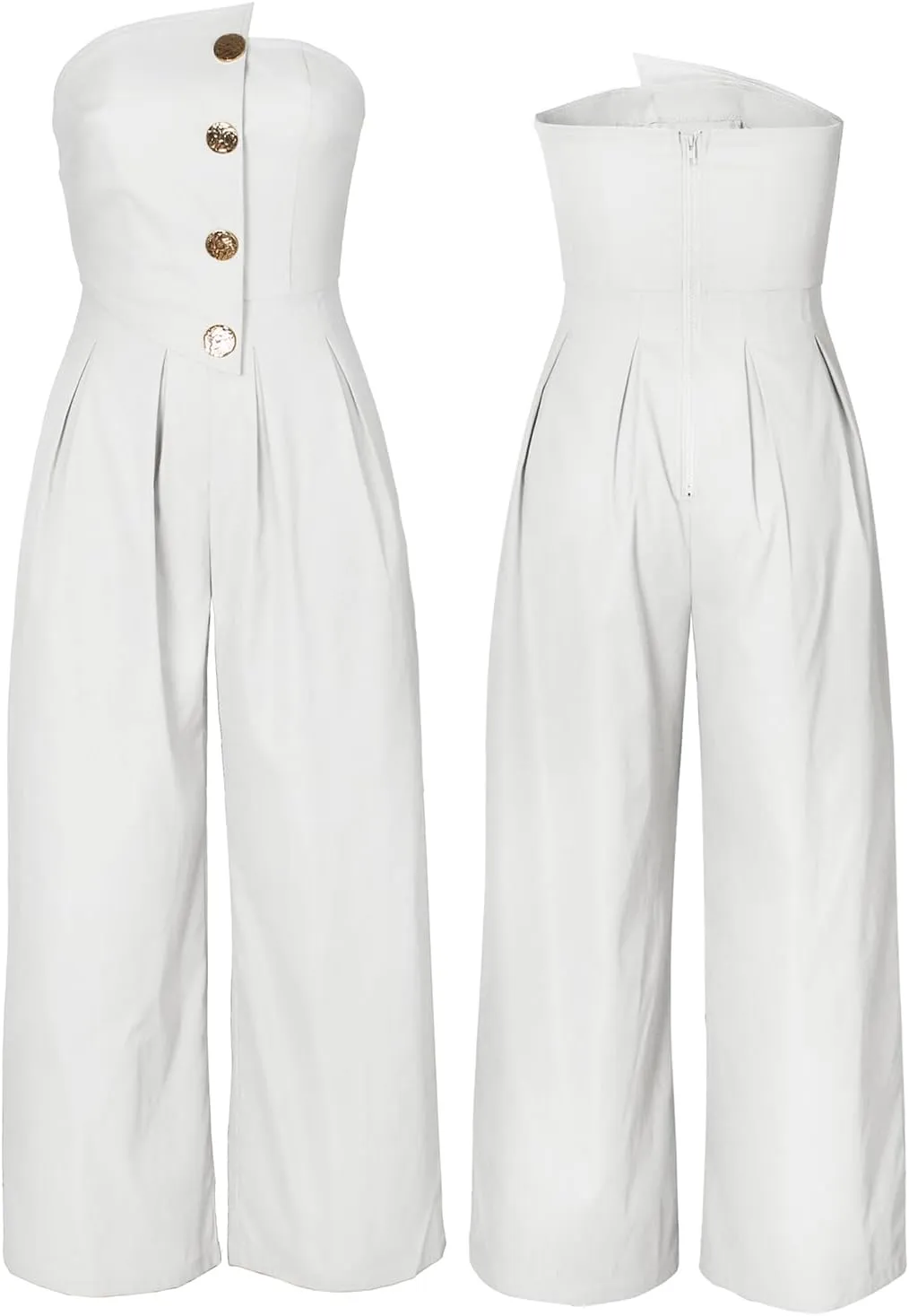 KANSOON Jumpsuits for Women Strapless Tube Top Wide Leg Sexy One Piece Outfits Buttons Long Pants Romper