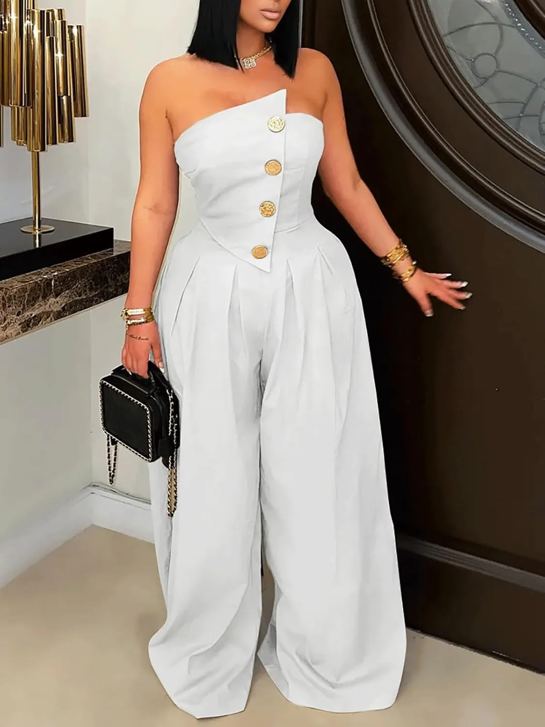KANSOON Jumpsuits for Women Strapless Tube Top Wide Leg Sexy One Piece Outfits Buttons Long Pants Romper