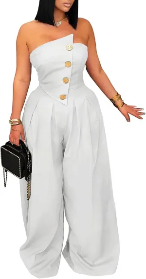 KANSOON Jumpsuits for Women Strapless Tube Top Wide Leg Sexy One Piece Outfits Buttons Long Pants Romper