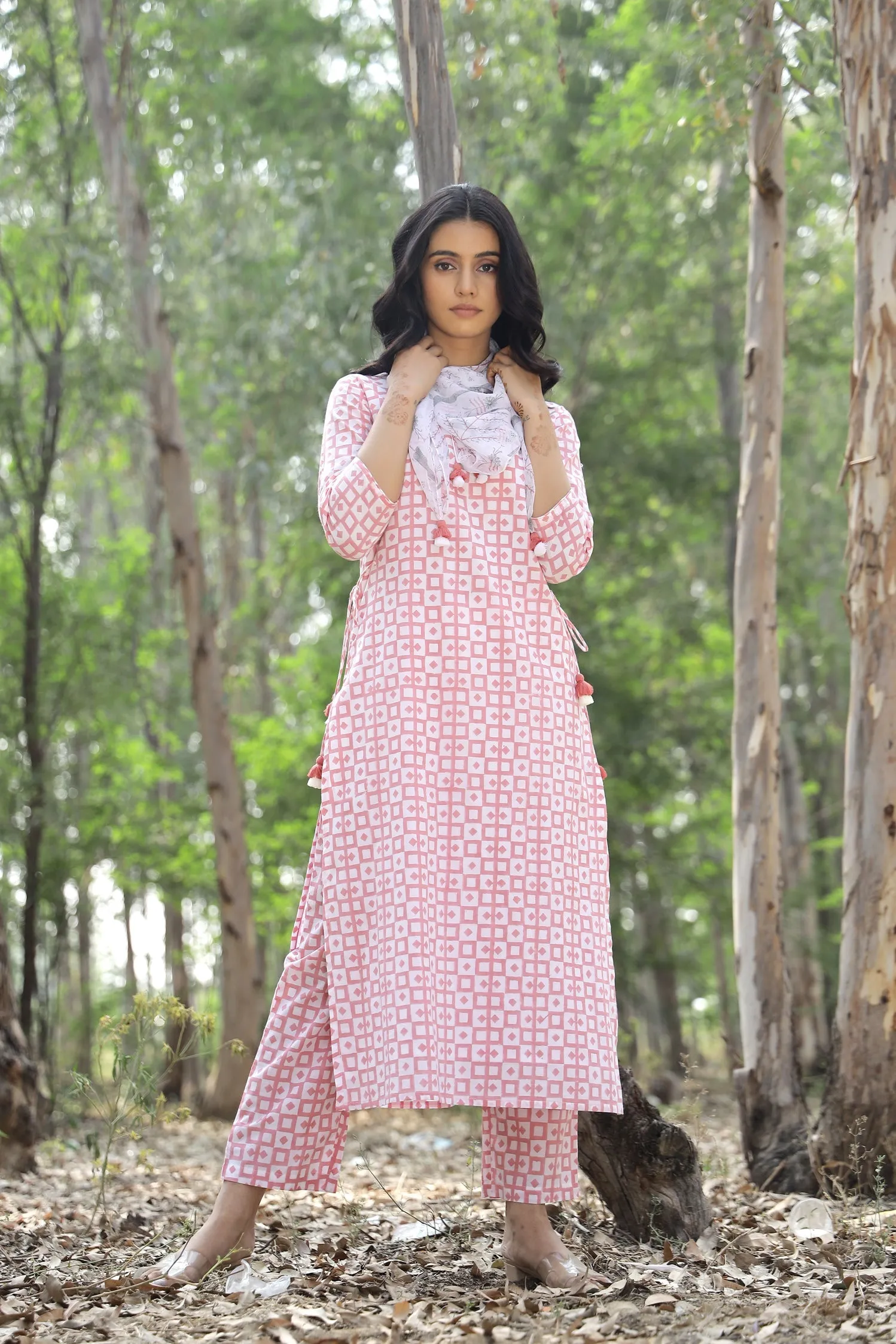 Kapraaha Pink Checks Cotton Kurta Set (Set of 3)