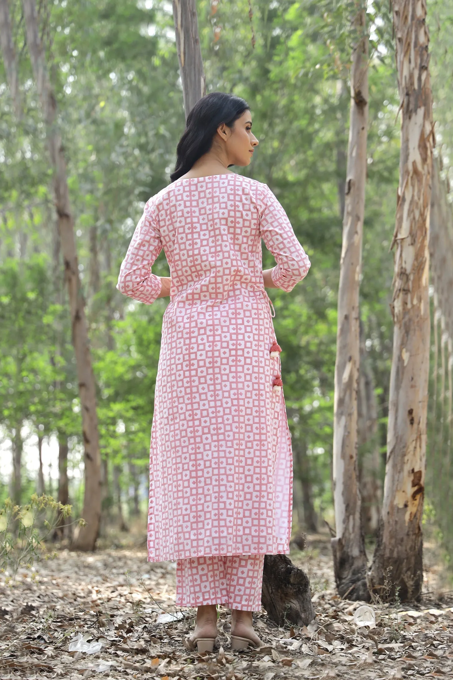 Kapraaha Pink Checks Cotton Kurta Set (Set of 3)