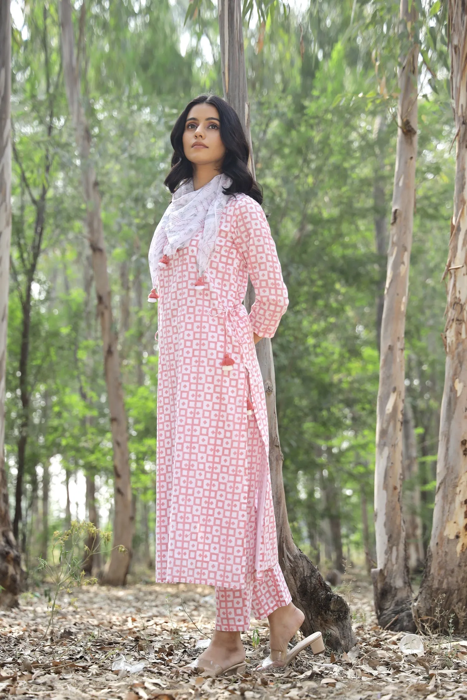 Kapraaha Pink Checks Cotton Kurta Set (Set of 3)