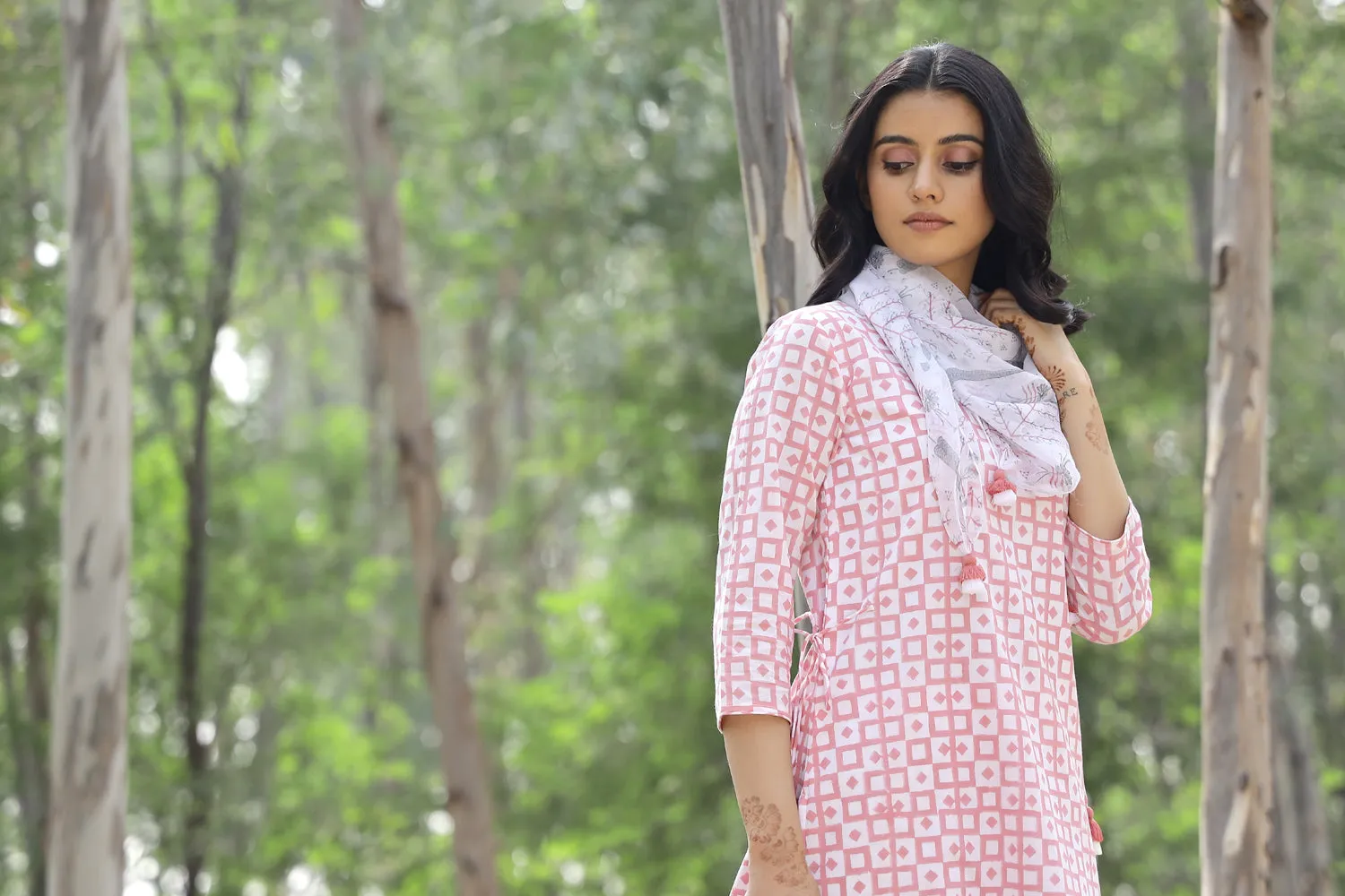 Kapraaha Pink Checks Cotton Kurta Set (Set of 3)