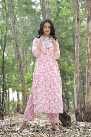 Kapraaha Pink Checks Cotton Kurta Set (Set of 3)