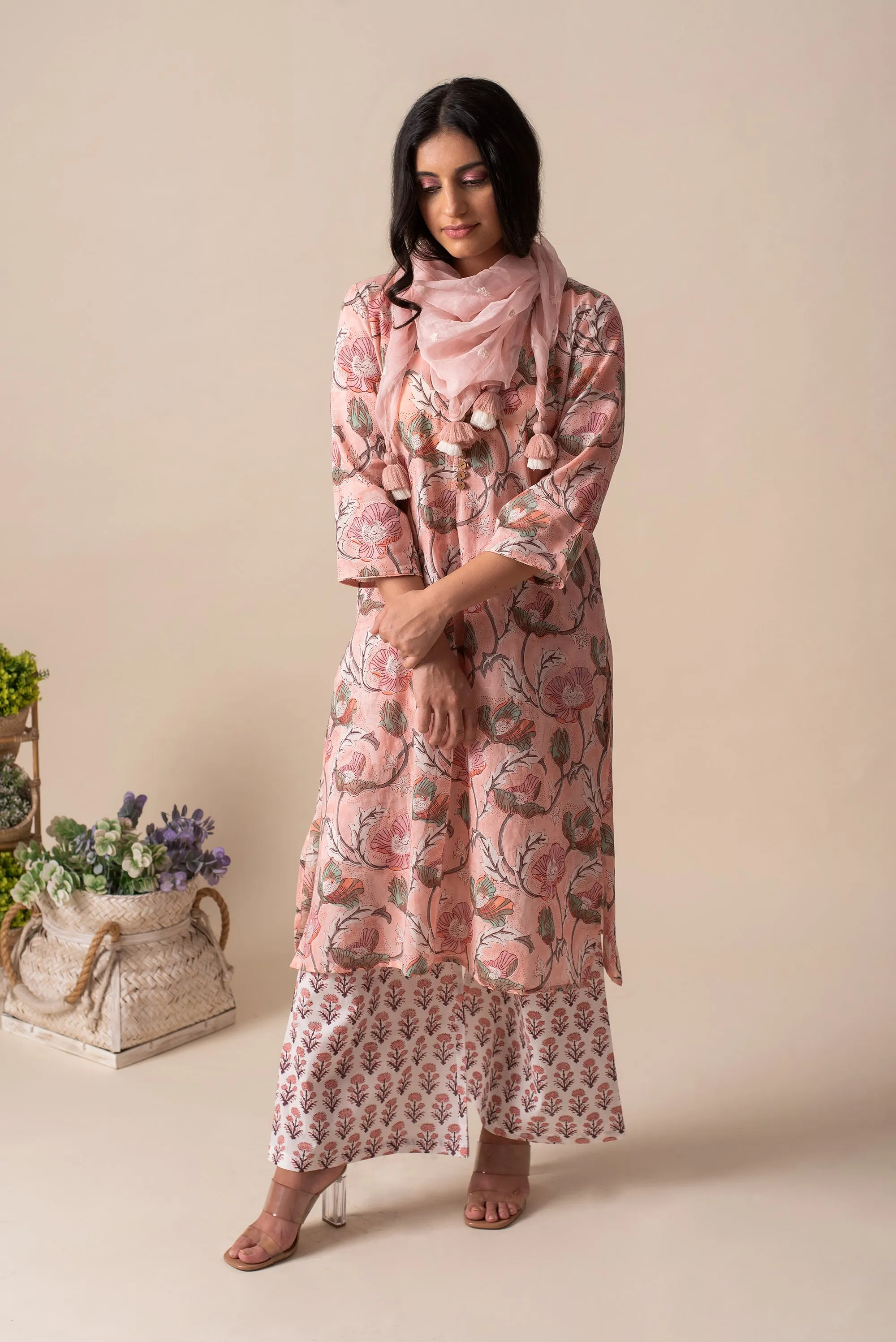 Kapraaha Pink Floral Cotton Tunic Set of 3