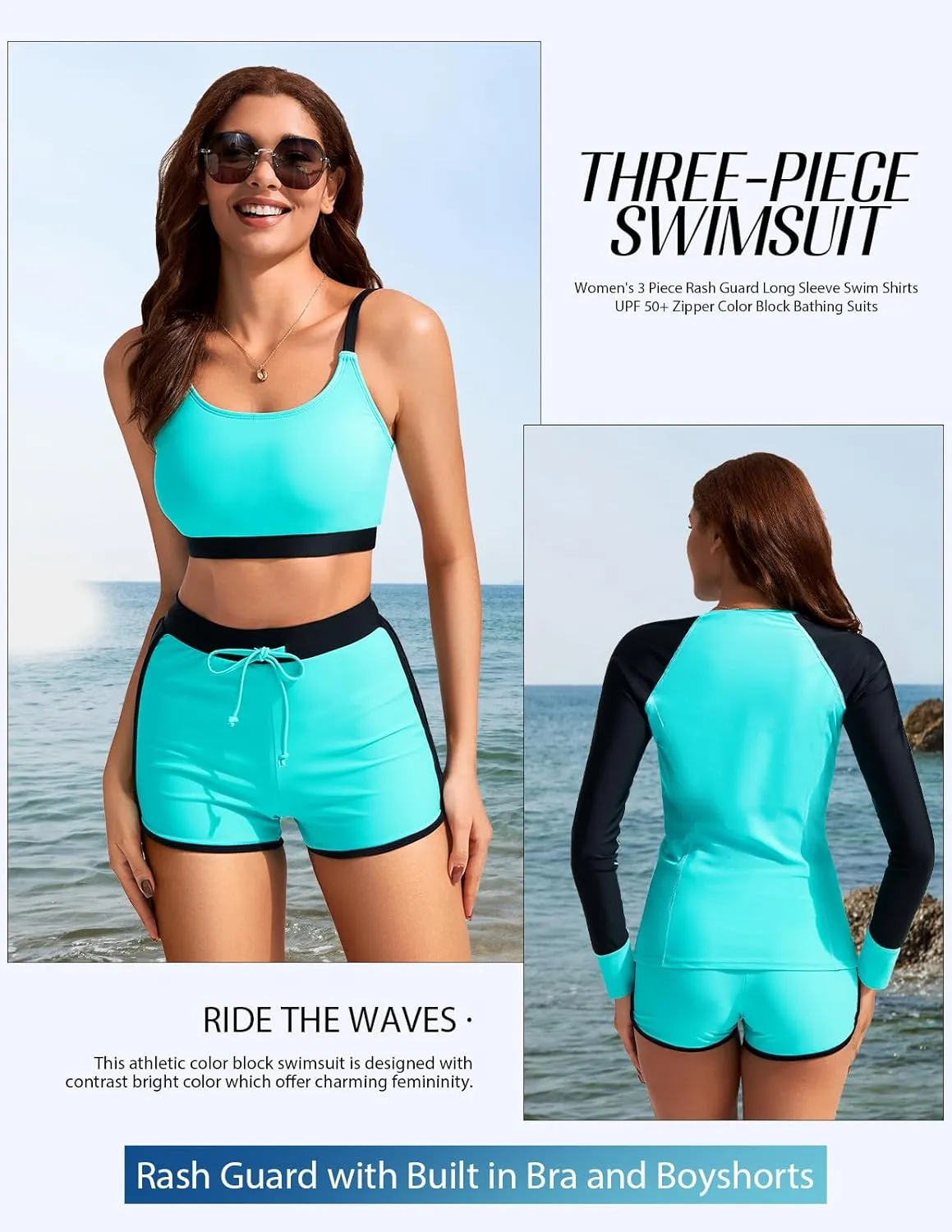 Kate Kasin Women's 3 Piece Rash Guard Long Sleeve Swim Shirts UPF 50  Swimsuit Zipper Color Block Bathing Suits with Boyshort