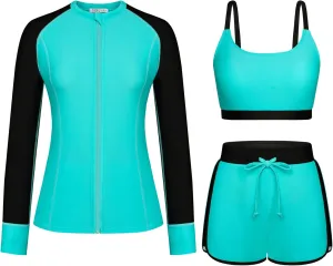 Kate Kasin Women's 3 Piece Rash Guard Long Sleeve Swim Shirts UPF 50  Swimsuit Zipper Color Block Bathing Suits with Boyshort