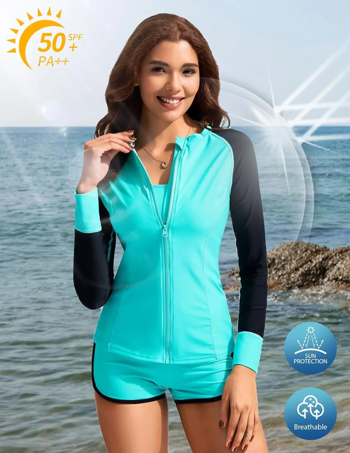 Kate Kasin Women's 3 Piece Rash Guard Long Sleeve Swim Shirts UPF 50  Swimsuit Zipper Color Block Bathing Suits with Boyshort