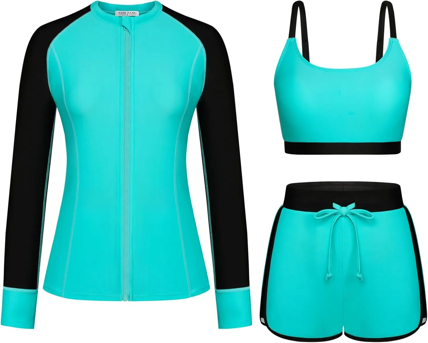 Kate Kasin Women's 3 Piece Rash Guard Long Sleeve Swim Shirts UPF 50  Swimsuit Zipper Color Block Bathing Suits with Boyshort