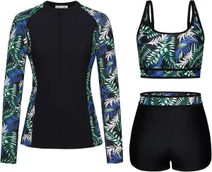 Kate Kasin Women's 3 Piece Rash Guard Long Sleeve Swimsuits Zip Up UPF 50  Built in Bra Swim Shirts with Boyshorts Quick Dry