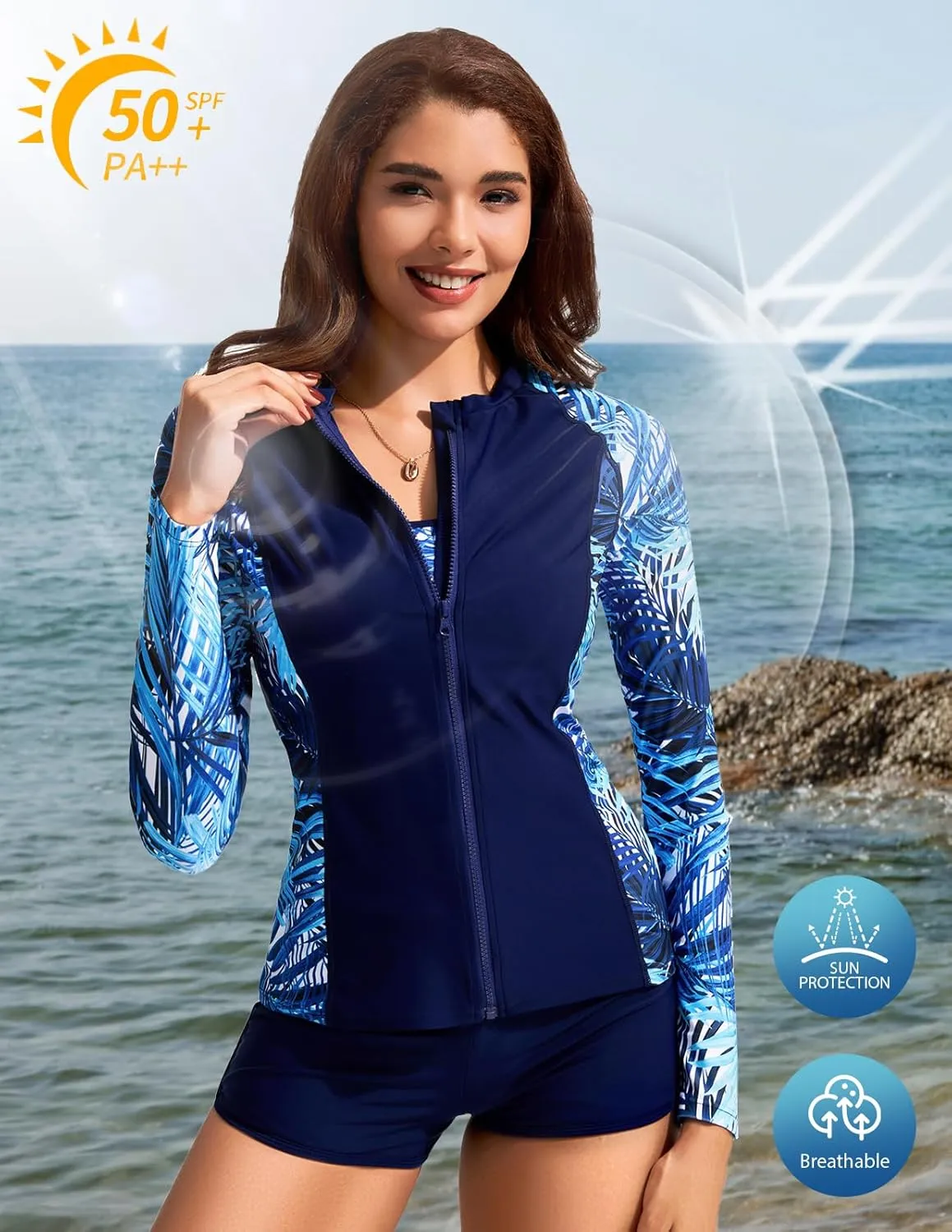 Kate Kasin Women's 3 Piece Rash Guard Long Sleeve Swimsuits Zip Up UPF 50  Built in Bra Swim Shirts with Boyshorts Quick Dry