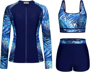 Kate Kasin Women's 3 Piece Rash Guard Long Sleeve Swimsuits Zip Up UPF 50  Built in Bra Swim Shirts with Boyshorts Quick Dry