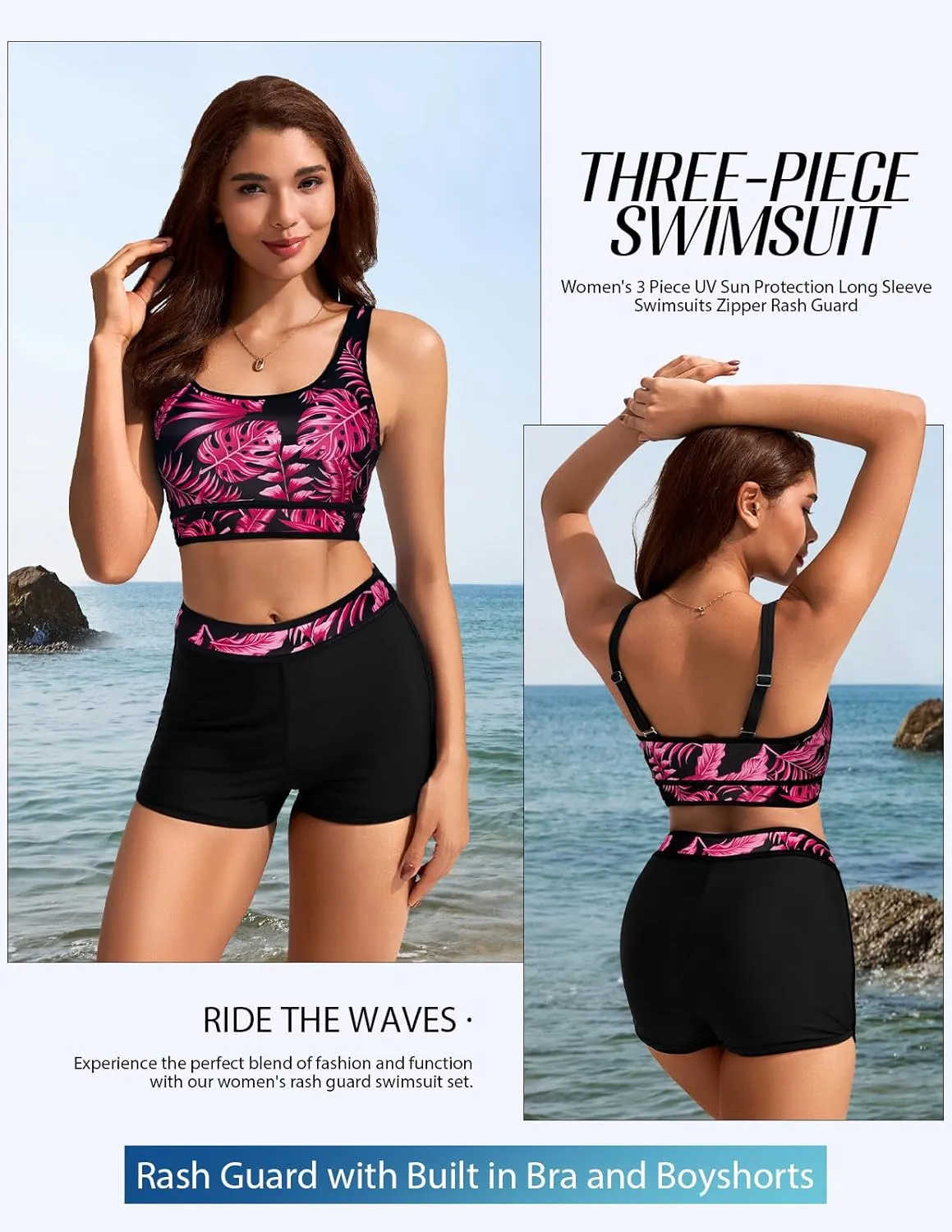 Kate Kasin Women's 3 Piece Rash Guard Long Sleeve Swimsuits Zip Up UPF 50  Built in Bra Swim Shirts with Boyshorts Quick Dry
