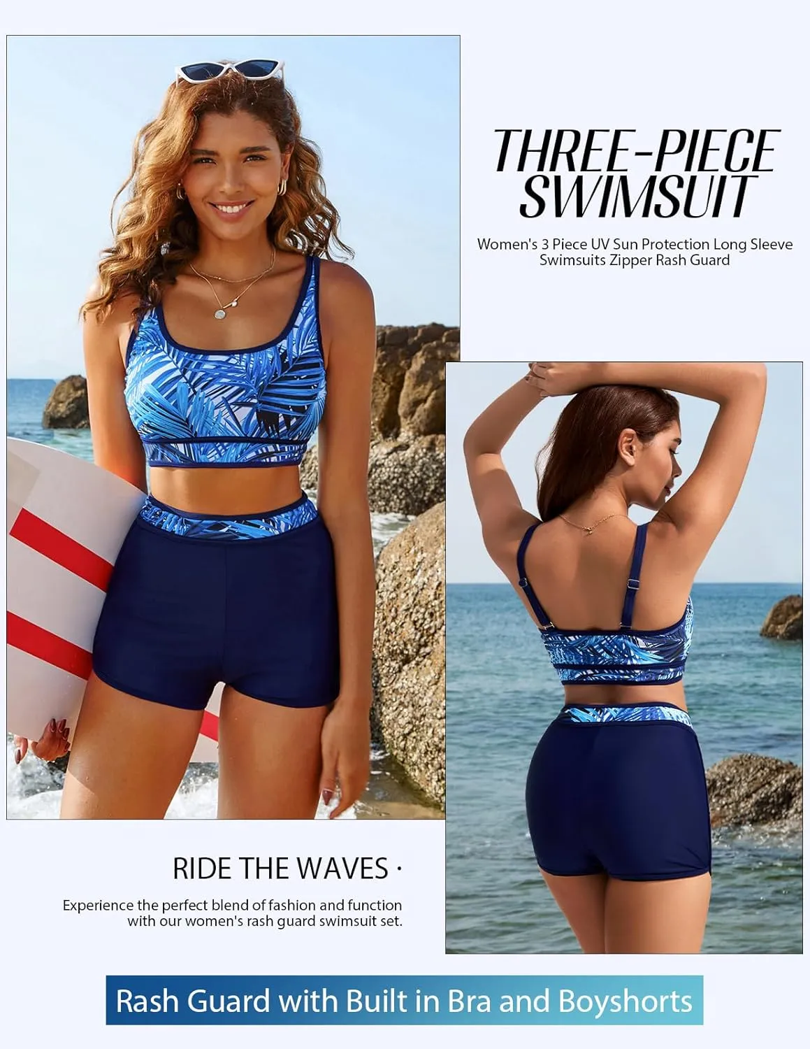 Kate Kasin Women's 3 Piece Rash Guard Long Sleeve Swimsuits Zip Up UPF 50  Built in Bra Swim Shirts with Boyshorts Quick Dry
