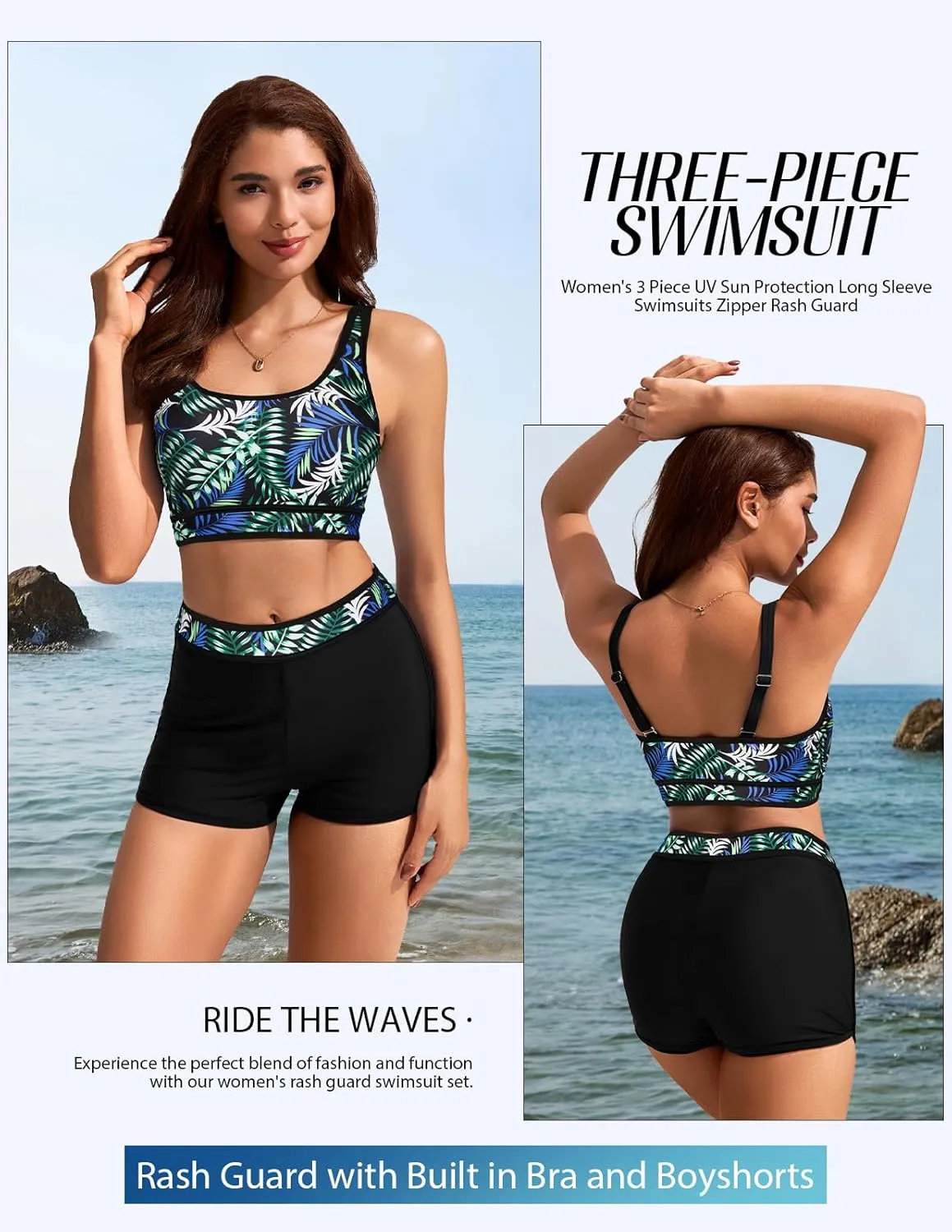 Kate Kasin Women's 3 Piece Rash Guard Long Sleeve Swimsuits Zip Up UPF 50  Built in Bra Swim Shirts with Boyshorts Quick Dry