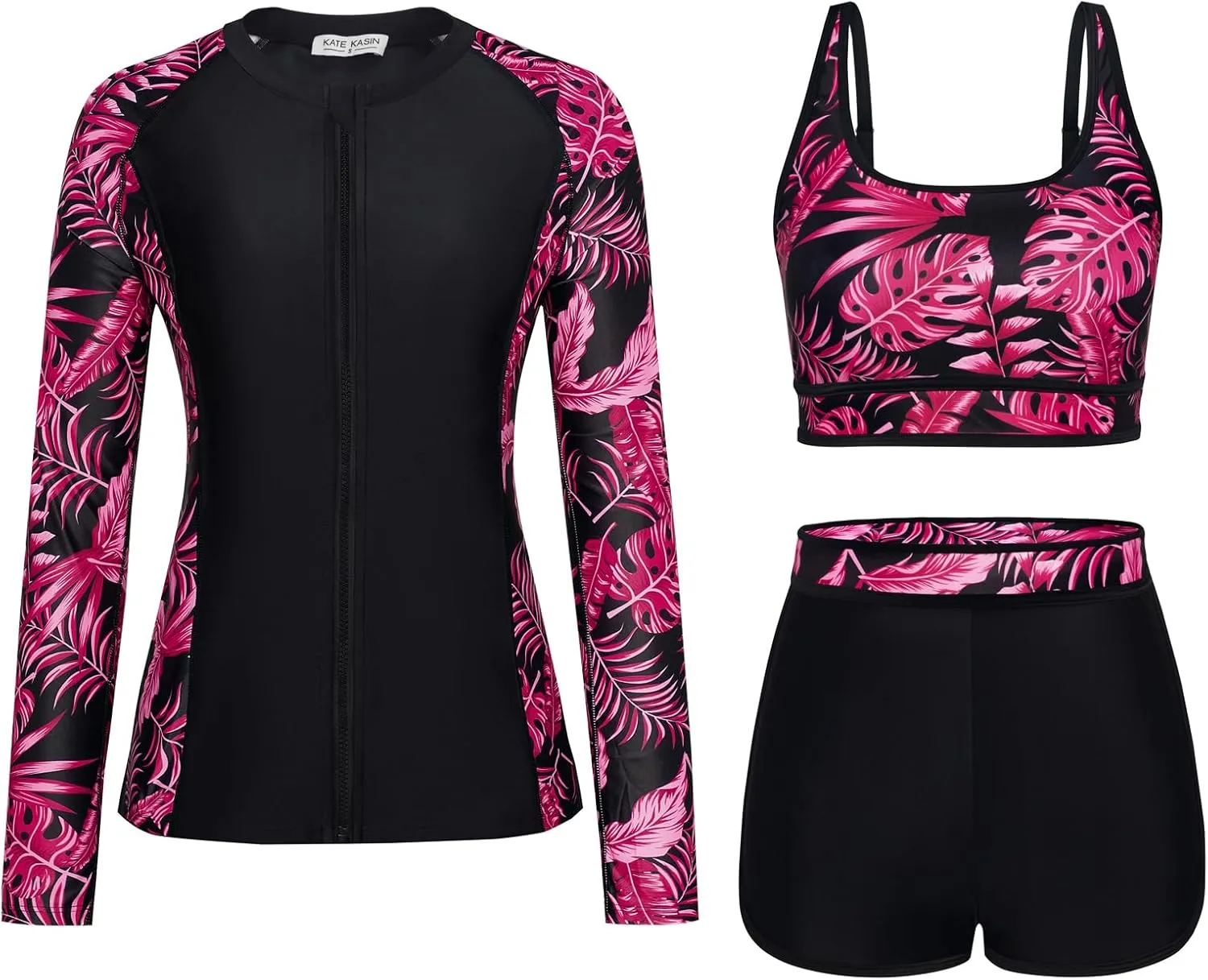 Kate Kasin Women's 3 Piece Rash Guard Long Sleeve Swimsuits Zip Up UPF 50  Built in Bra Swim Shirts with Boyshorts Quick Dry