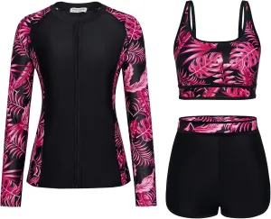 Kate Kasin Women's 3 Piece Rash Guard Long Sleeve Swimsuits Zip Up UPF 50  Built in Bra Swim Shirts with Boyshorts Quick Dry