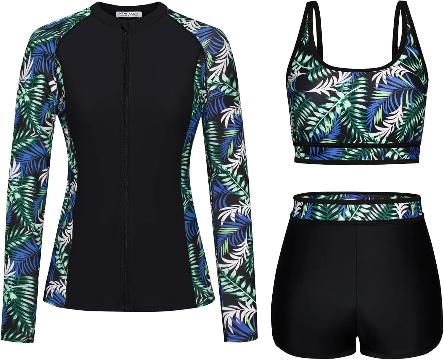 Kate Kasin Women's 3 Piece Rash Guard Long Sleeve Swimsuits Zip Up UPF 50  Built in Bra Swim Shirts with Boyshorts Quick Dry