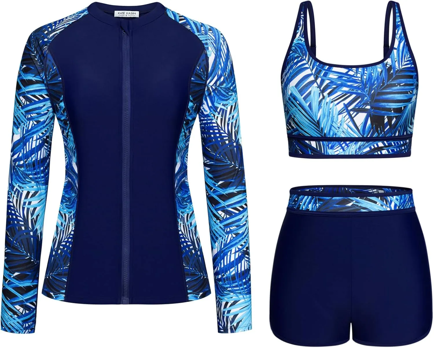Kate Kasin Women's 3 Piece Rash Guard Long Sleeve Swimsuits Zip Up UPF 50  Built in Bra Swim Shirts with Boyshorts Quick Dry
