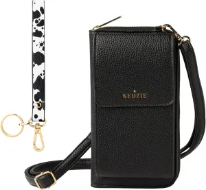 KEDZIE Eclipse Smartphone Crossbody Bag (Black) & Eclipse Vegan Leather Wristlet Key Chain Holder (Deja Moo)