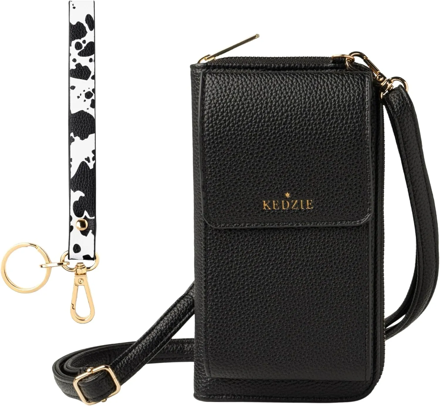KEDZIE Eclipse Smartphone Crossbody Bag (Black) & Eclipse Vegan Leather Wristlet Key Chain Holder (Deja Moo)