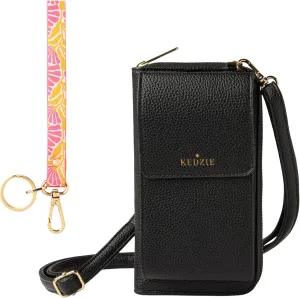 KEDZIE Eclipse Smartphone Crossbody Bag (Black) & Eclipse Vegan Leather Wristlet Key Chain Holder (Peony in Pink)