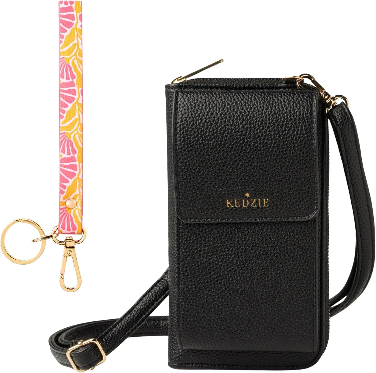 KEDZIE Eclipse Smartphone Crossbody Bag (Black) & Eclipse Vegan Leather Wristlet Key Chain Holder (Peony in Pink)