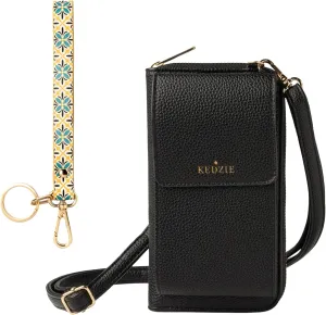 KEDZIE Eclipse Smartphone Crossbody Bag (Black) & Eclipse Vegan Leather Wristlet Key Chain Holder (Wanderlust)
