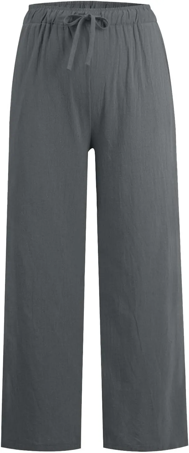 KIKX0DE Women's Fashion 2025 Linen Pants Summer Casual Wide Leg Loose Drawstring Trousers with Pockets