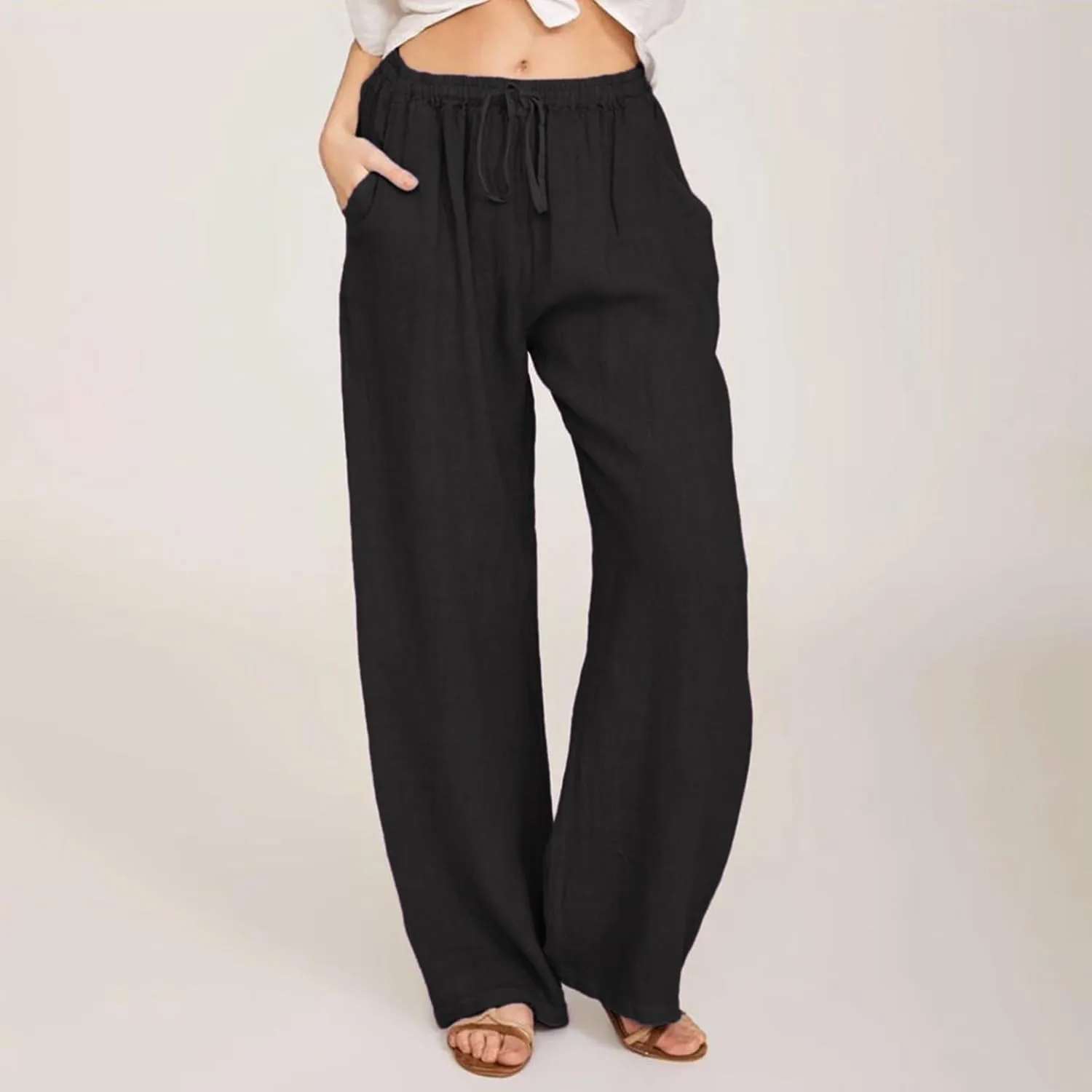 KIKX0DE Women's Fashion 2025 Linen Pants Summer Casual Wide Leg Loose Drawstring Trousers with Pockets