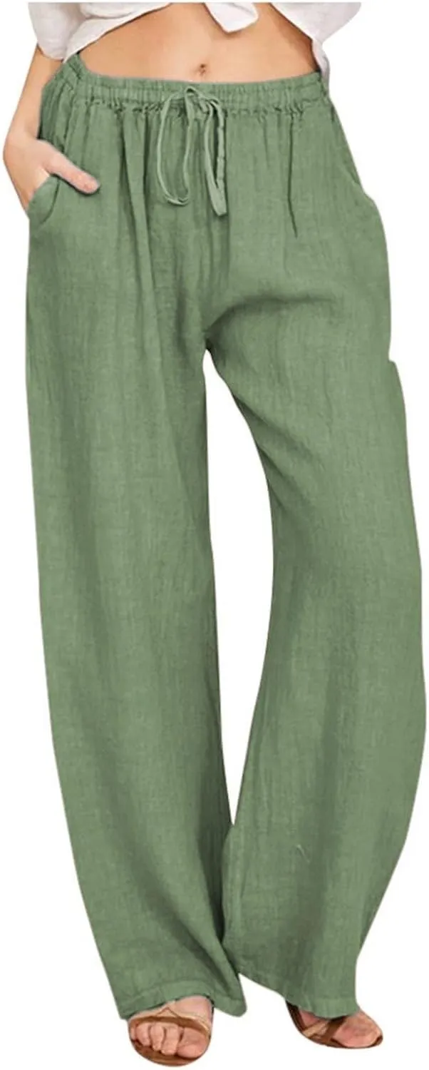 KIKX0DE Women's Fashion 2025 Linen Pants Summer Casual Wide Leg Loose Drawstring Trousers with Pockets