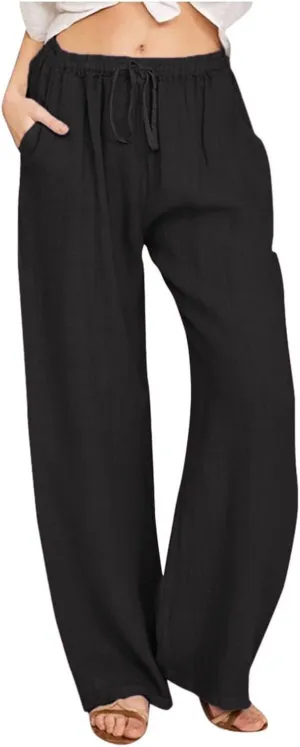 KIKX0DE Women's Fashion 2025 Linen Pants Summer Casual Wide Leg Loose Drawstring Trousers with Pockets