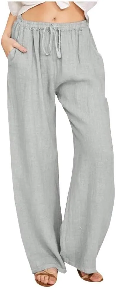 KIKX0DE Women's Fashion 2025 Linen Pants Summer Casual Wide Leg Loose Drawstring Trousers with Pockets
