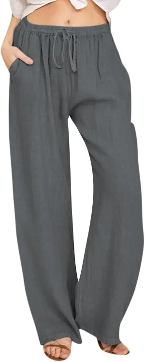KIKX0DE Women's Fashion 2025 Linen Pants Summer Casual Wide Leg Loose Drawstring Trousers with Pockets
