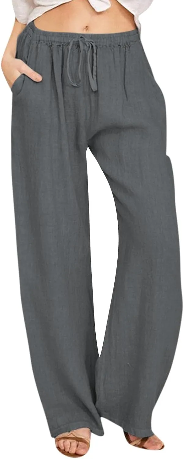 KIKX0DE Women's Fashion 2025 Linen Pants Summer Casual Wide Leg Loose Drawstring Trousers with Pockets