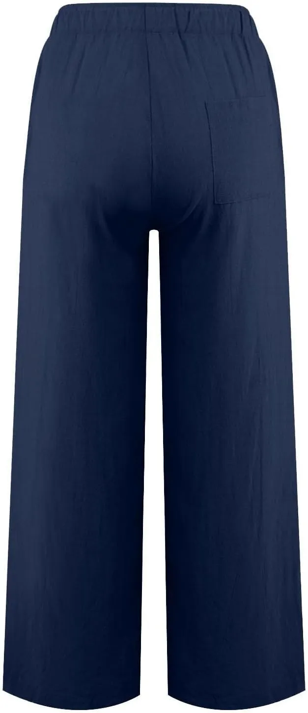 KIKX0DE Women's Fashion 2025 Linen Pants Summer Casual Wide Leg Loose Drawstring Trousers with Pockets