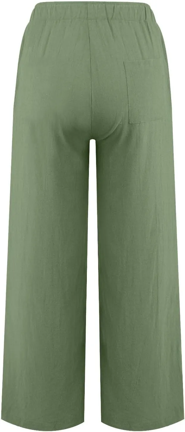 KIKX0DE Women's Fashion 2025 Linen Pants Summer Casual Wide Leg Loose Drawstring Trousers with Pockets