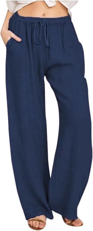 KIKX0DE Women's Fashion 2025 Linen Pants Summer Casual Wide Leg Loose Drawstring Trousers with Pockets