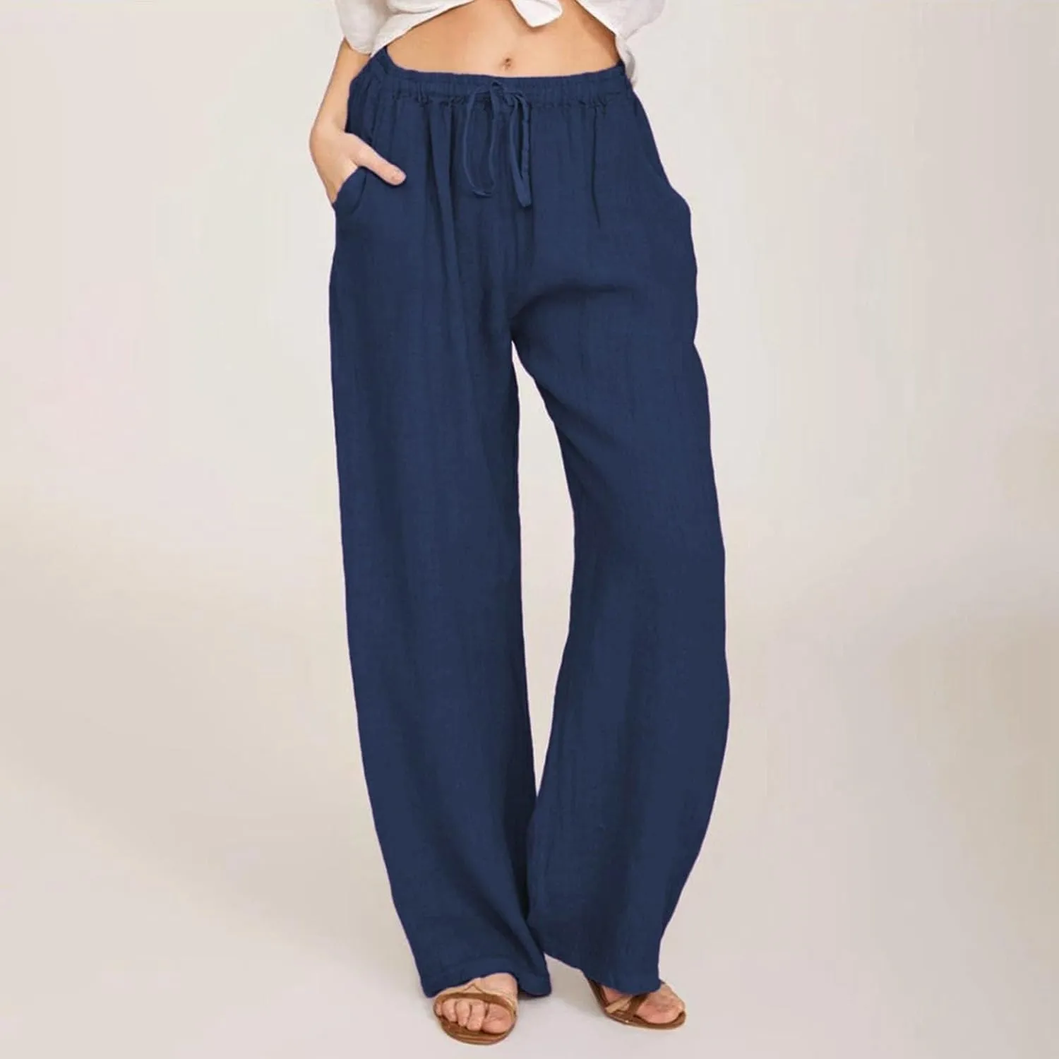 KIKX0DE Women's Fashion 2025 Linen Pants Summer Casual Wide Leg Loose Drawstring Trousers with Pockets