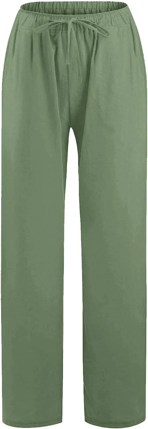 KIKX0DE Women's Fashion 2025 Linen Pants Summer Casual Wide Leg Loose Drawstring Trousers with Pockets
