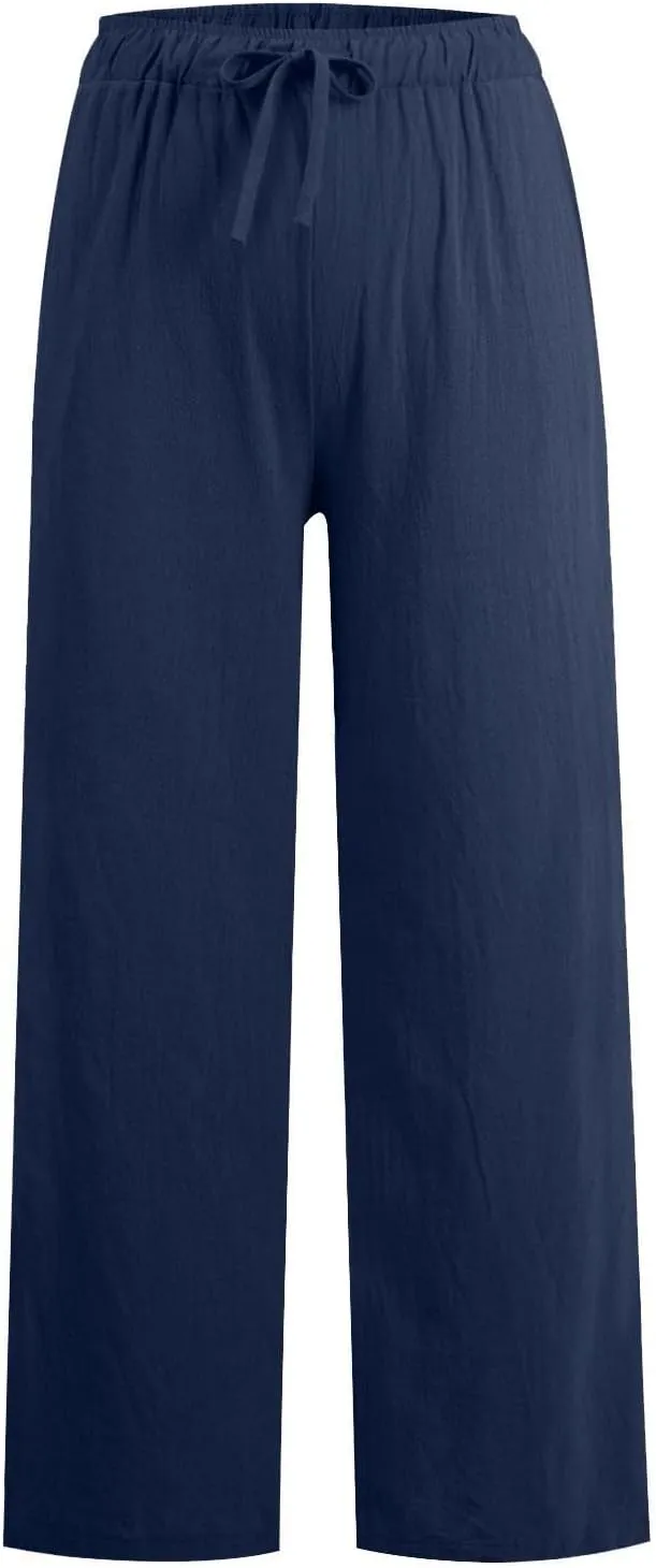 KIKX0DE Women's Fashion 2025 Linen Pants Summer Casual Wide Leg Loose Drawstring Trousers with Pockets