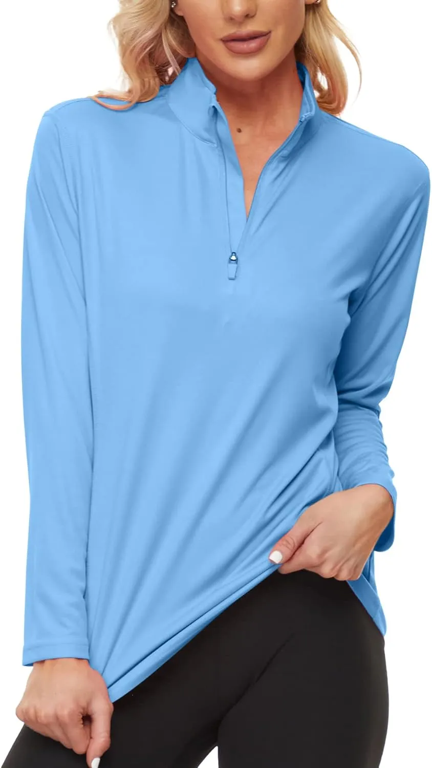 KINGFEN Women's UPF50  Long Sleeve UV Sun Protection Shirts 1/4 Zip Quick Dry Rash Guard Workout T-Shirt Hiking Fishing