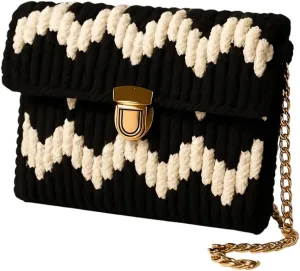 Knitted Clutch Purse with Chain Strap, Black and White Zigzag Pattern, Gold-Tone Clasp